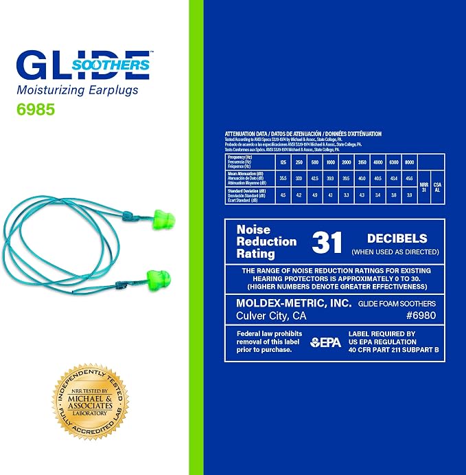 Moldex Glide® Soothers Moisturizing Soft Comfortable Foam Earplugs – Corded Disposable Ear Plugs for Hearing Protection, Noise Reduction (NRR 31dB), 100 Pairs, 6985