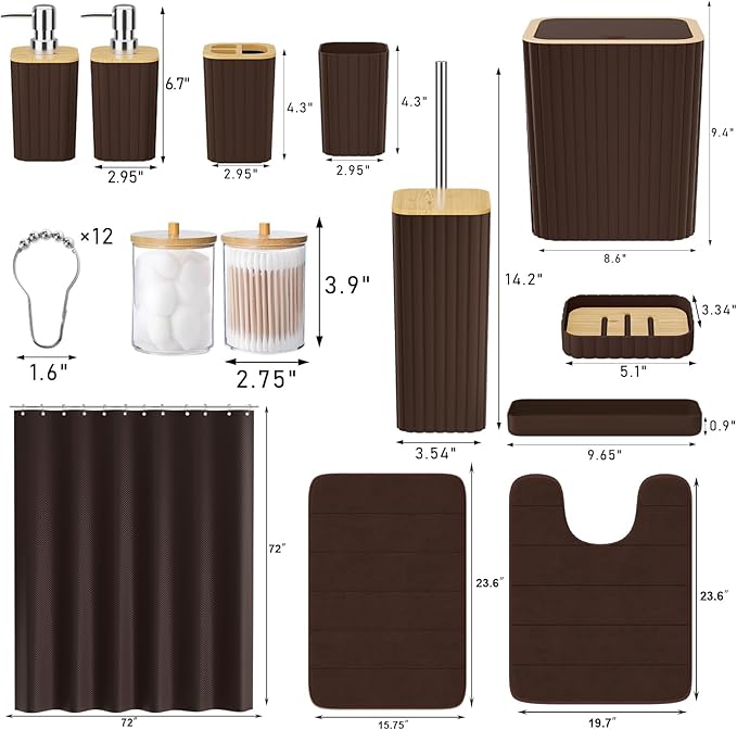 XLHOMO Bathroom Accessories Set - 25PC Brown Bathroom Set, Bathroom Set with Shower Curtain and Rugs, Brown Shower Curtain Set, Toilet Brush, Bathroom Trash Can