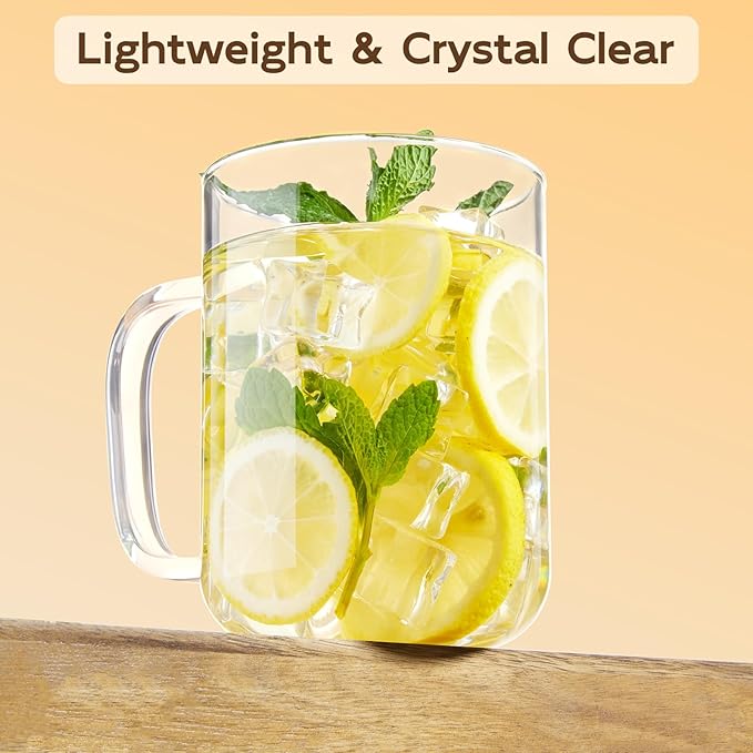 Glass Coffee Mugs, 24 oz Ice coffee cups, Large Clear Tea Cups Set of 2, Glass Mugs with Handles, Glass Cups for Latte, Cappuccino, and Tea