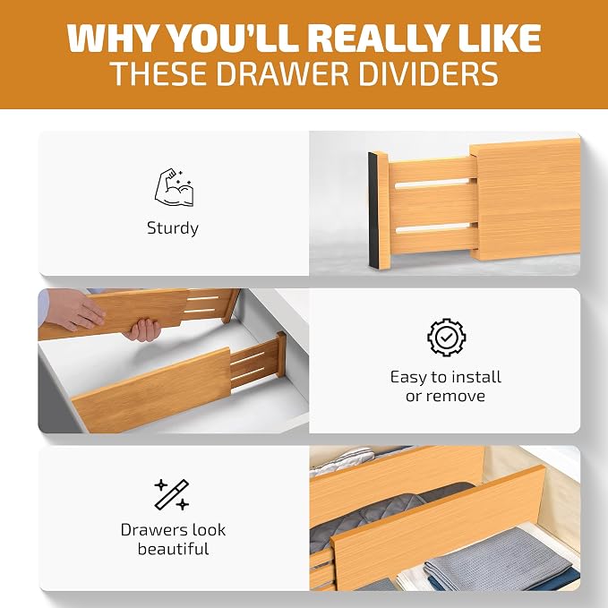 6 Pack Bamboo Drawer Dividers - 6 Inch High for Deep Drawers, Adjustable 11.5 to 17 Inch Expandable Kitchen Drawer Organizer, Spring Loaded Dresser Separator for Clothes, Bedroom, Bathroom, Office