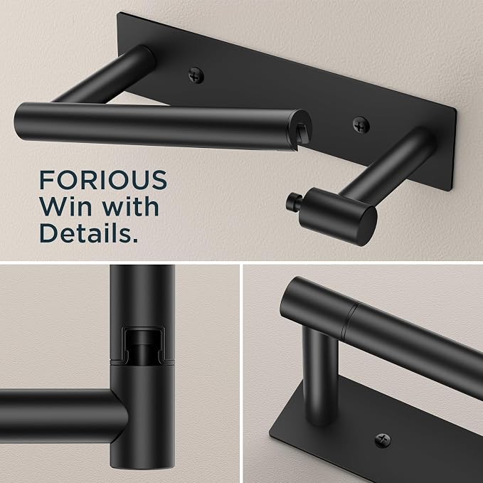 FORIOUS Toilet Paper Holder Wall Mount, Stainless Steel Rustproof Double Post Pivoting Tissue Roll Holder for Bathroom, Commercial Toilet Paper Dispenser (Matte Black, Modern Square 1 Pack)