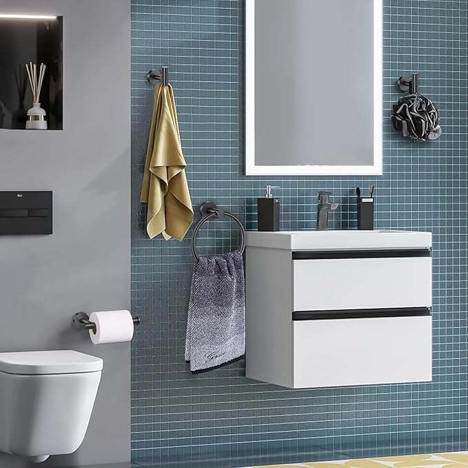 Lairuier Bathroom Hardware Set, 4-Piece Towel Bar Set Include Toilet Paper Holder,Towel Ring and 2 Towel Hooks Stainless Steel Wall Mounted Bathroom Hardware Accessories Set (Matte Black)