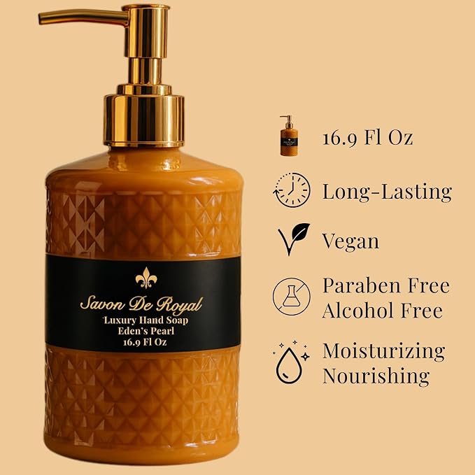 Savon De Royal Luxury Liquid Hand Soap, Jasmine Scent, Moisturizing Vegan Kitchen & Bathroom Soap for Hand Wash, Gentle & Nourishing Formula, Refillable Bottle 16.9 Fl Oz, Eden's Pearl