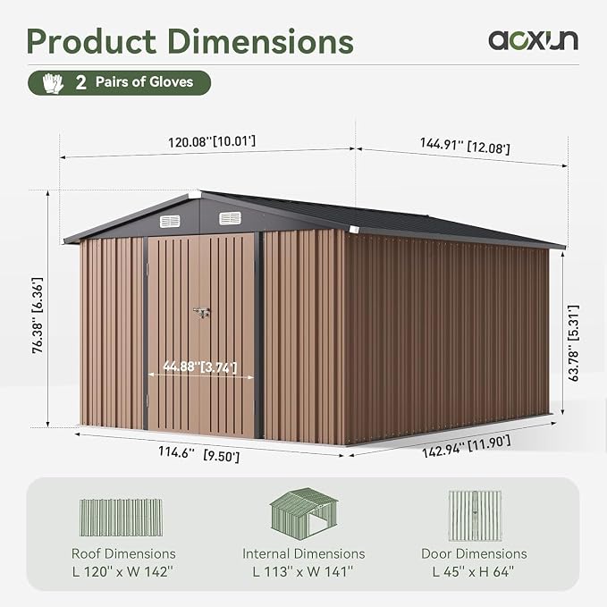 Aoxun 10 x 12FT Outdoor Storage Shed with Double Hinged Large Door, Brown | Utility Garden Shed with Lockable Door & Sloped Roof Metal Sheds Outdoor Storage for Garden, Backyard, Patio and Backyard