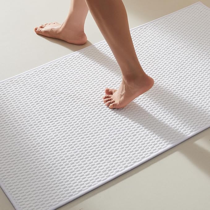 TYUU Bathroom Rugs Non Slip Washable, Super Absorbent Thin Bath Mat Quick Dry Low Pile Bathroom Rug, White 20"x48"