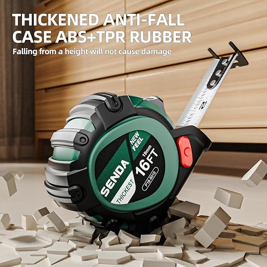 SENDA Tape Measure 16Ft - Heavy Duty Tape Measure with 25mm Wide with Three Stops, High Precision Measuring Tape Retractable Measuring Tape, Rubber for Comfortable Grip, Fraction Markings(1 Pack)