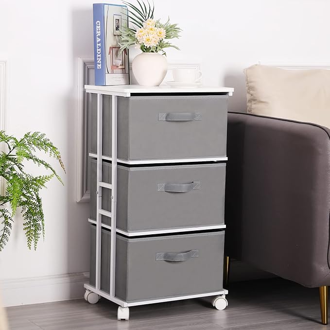 MAX Houser Dresser Tower with 3 Drawers,Fabric Dresser Drawer Organizer Unit,Dresser Chest with Wood Top,Vertical Storage Dresser,Small Dresser for Bedroom,Office-Dark Grey | Fabric Storage Organizer Unit, Chest of Drawers with with WoodTop, Small Vert...