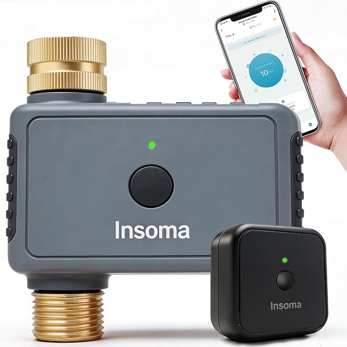 Insoma WiFi Water Timer with Brass Inlet&Outlet, Smart Sprinkler Timer + Auto/Manual/Rain Delay for Garden, Hose Timers with Hub, Up to 20 Watering Plans, APP & Voice Control, Compatible with Alexa