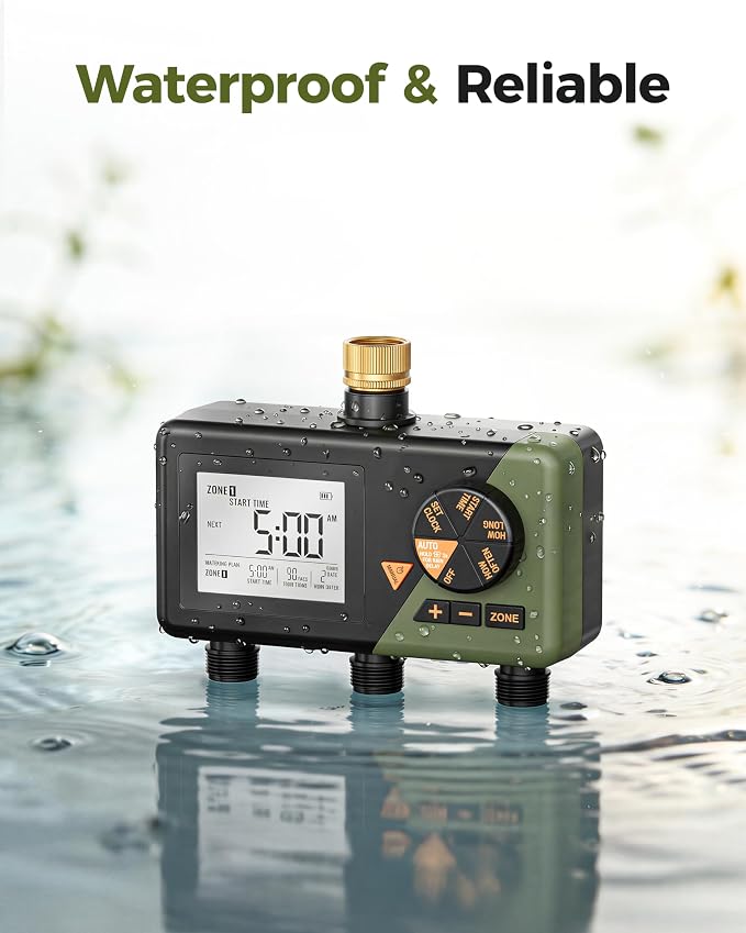 Brass Sprinkler Timer 3 Zone, Diivoo Water Hose Timer 3 Outlet for Garden, Programmable Automatic Irrigation with Rain Delay and Manual/Auto Mode Watering for Lawn, Yard, Pool