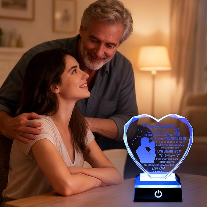 ZHSHWAT Daughter Gifts, K9 Crystal Heart with Color-Changing Base - Lifetime Gift from Dad to Daughter, Birthday Graduation Present, Elegant Gift Box