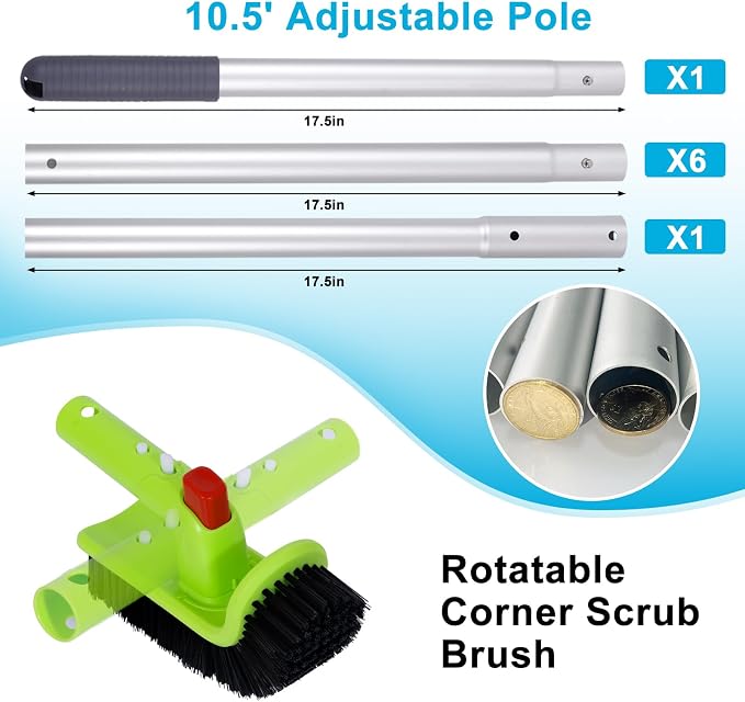 Sepetrel Deluxe Swimming Pool Cleaning Kit with 10.5" Aluminum Pole, Professional Pool Maintenance Set with Leaf Skimmer Net, 17.5" Pool Brush Head & Hand Scrub Brush for Inground & Above Ground Pools