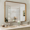 LOAAO 40X32 Inch Bathroom Mirror with Wood Grain Colored Metal Frame, Rounded Rectangle Metal Framed Bathroom Mirror, Anti-Rust, Hangs Horizontally or Vertically, Tempered Glass
