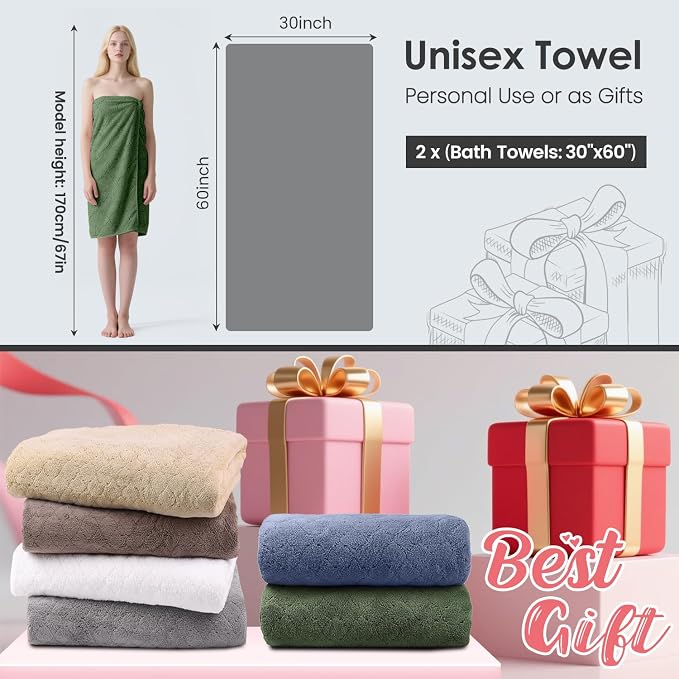 JML Microfiber Bath Towels Set of 2, 30 in x 60 in, Olive-Green | Hanging Loop, Super Soft, Absorbent, Lint Free, Fade Resistant, Lightweight, Quick Dry, Use for SPA , Sauna, Salon Hair Wrap