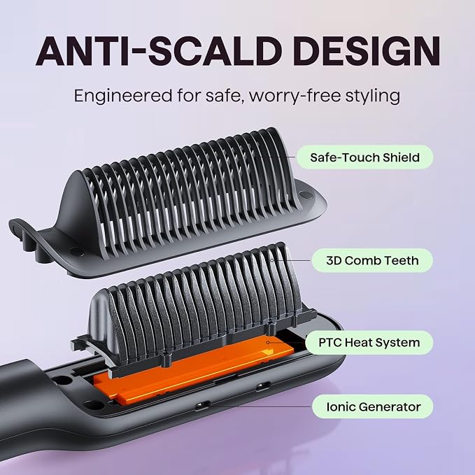 Wavytalk Hair Straightener Brush, Sleek Sweep Ionic Straightening Brush, Anti-Scald Ceramic Straightener Comb with LED Display for Super Smooth Hair, Dual Voltage, Rose Gold.