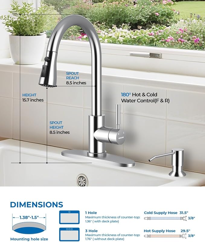 WEWE Kitchen Faucet with Soap Dispenser and Pull Down Sprayer, RV Single Handle Classic 3 Modes Stainless Steel Faucet for Kitchen Sink, RV, Polished Chrome