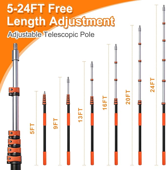 30FT High Reach Duster Kits with Dual Action Flip-Lock & Screw Fixing Design, 5-24FT Extension Pole, Cobweb Duster, Washable Ceiling Fan Cleaner & Window Squeegee for Glass & High Roof