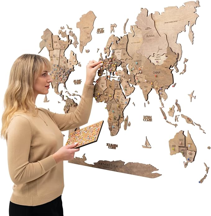 ENJOY THE WOOD 3D Wood World Map Wall Art Large Wall Décor - World Travel Map - Any Occasion Gift Idea - Wall Art for Home & Kitchen or Office (Small, Terra)