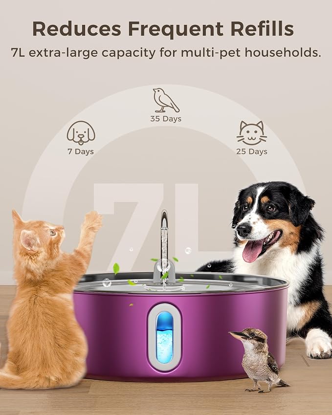 Smartoo 7L/236oz Stainless Steel Dog Water Fountain for Large Dogs, Pink | 25dB Ultra-Quiet Automatic Pet Water Dispenser with Deeper Bowl, 4-Stage Filtration,Ideal for Big Breeds,Multi-Pet Households