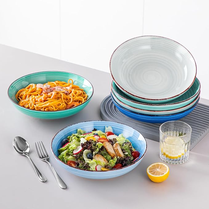 vancasso Bonita Pasta Bowls Set of 6, 50oz Large Salad Bowls for Kitchen, Stoneware Serving Bowls Dishwasher & Microwave Safe, Blue Bowl Set