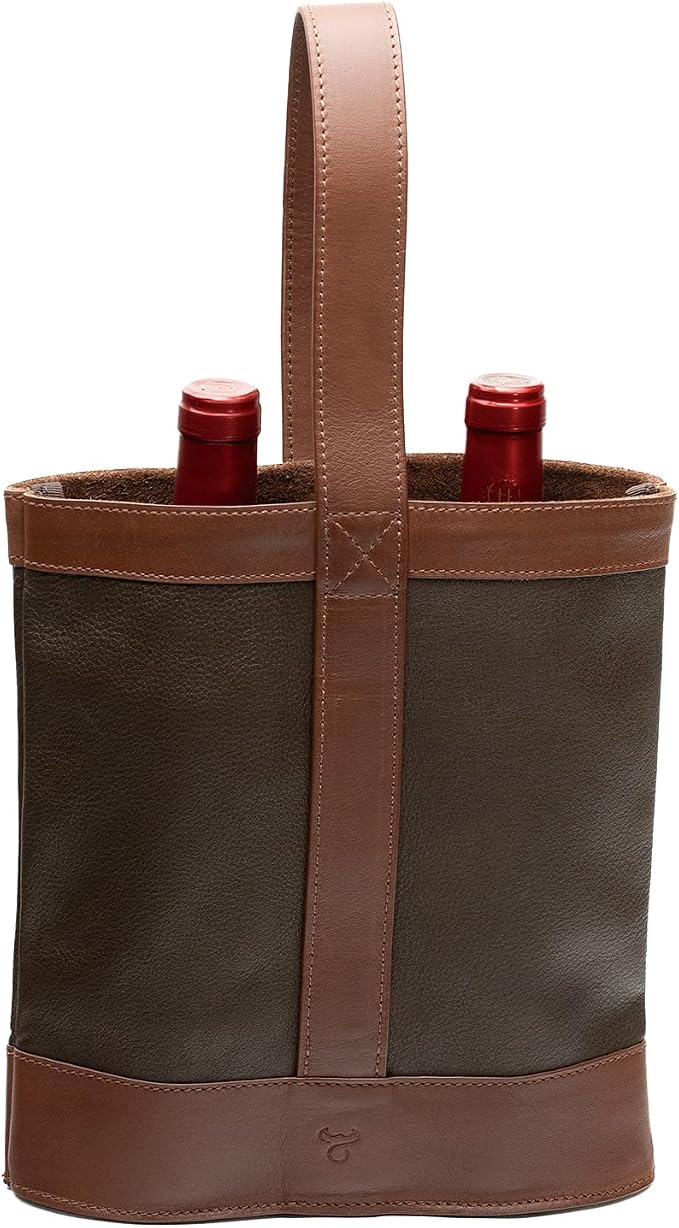 Double Wine Carrier Bag – Leather Wine Tote for Two Bottles with Handle – Protective Carrier for Picnic, Wine Champagne Gift Bag (Chocolate)