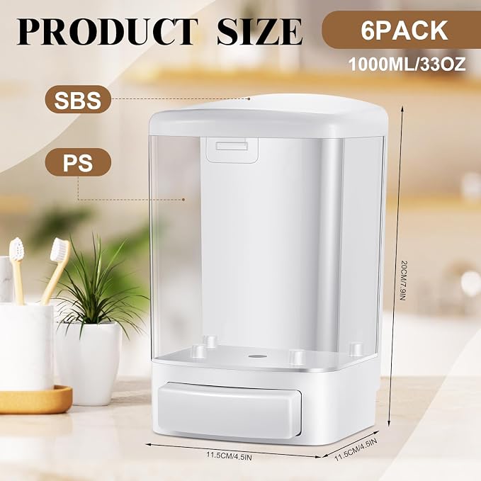 Hushee 6 Pcs Plastic Wall Mounted Soap Dispenser Commercial Manual Soap Dispenser Containers for Kitchen Shower Hotel(White,33.8 oz 1000ml)