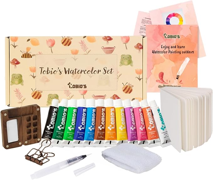 Tobios Watercolor Paint Set, Mini Travel Watercolor Kit with 12 Colors, Refillable Water Brush, Wooden Palette & Sketchbook, Portable Painting Set for Beginners, Journaling & Gifts