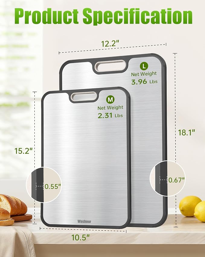 Non Toxic Titanium Cutting Board for Kitchen, Food Grade Titanium Cutting Boards 2 in 1 Double Sides, Non Slip Cutting Mat (18”×16” + 16”×11”)