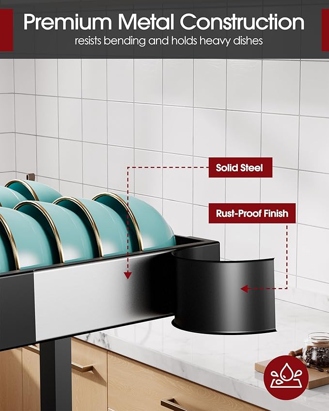 Sakugi 2-Tier Dish Drying Rack Over The Sink, Expandable for Counter | Rustproof Stainless Steel Kitchen Storage Accessories, Space-Saving 30"–34.5"Lx12"Wx25"H, Black