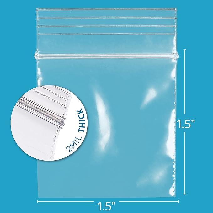 GPI - 1000 Count, 1.5" x 1.5" Clear Plastic Reclosable Zip Bags, 2.5 Mil Thick, Strong & Durable Poly Baggies with Resealable Zip Top Lock for Travel, Storage, Packaging & Shipping