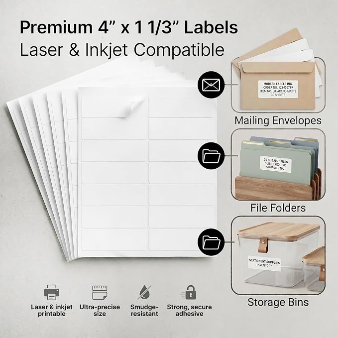 4" X 1.33" Matte White Printable Address Labels (250 Sheets, 3500 Stickers) Mailing Labels for Envelopes, File Folder Stickers for Laser & Inkjet Printers - Spartan Industrial Template R018