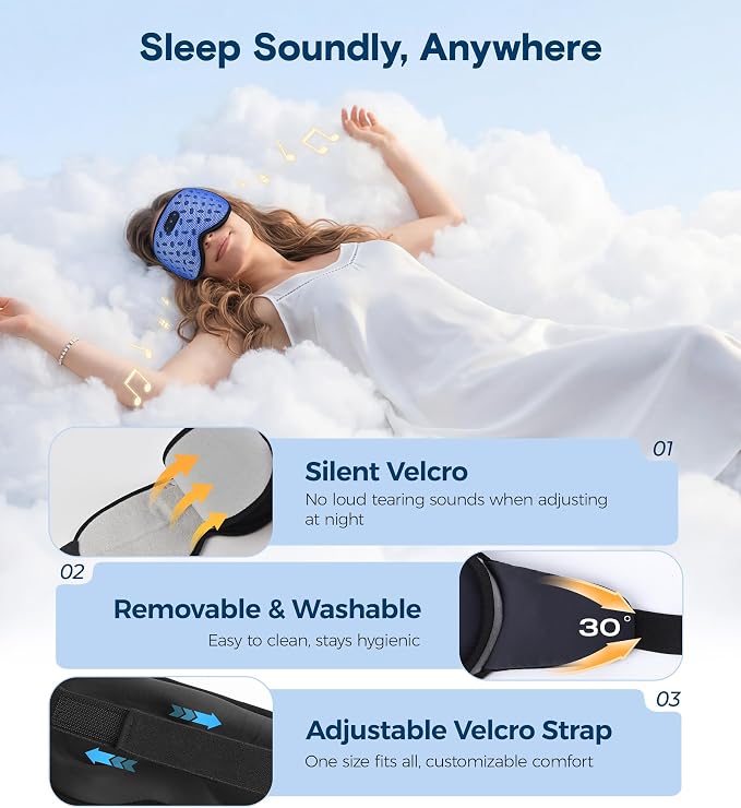 MUSICOZY Bluetooth Sleep Mask, Cooling Weighted Eye Mask with Bluetooth Headphones for Side Sleepers, 3D Contoured Relaxing No Pressure Eye Cover to Block Light for Night Sleeping(Grid Blue)