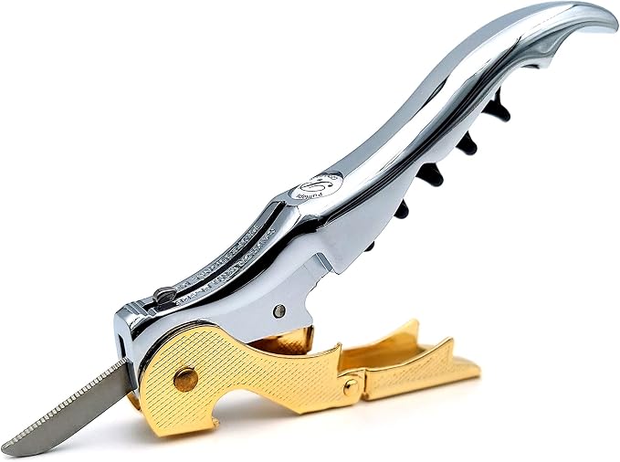 Pulltap's Genuine Slider Boss 150 Waiter's Corkscrew – Double-Hinged Wine Key with Sliding Foil Cutter – Patented Design – Made in Spain – Cromado-Oro (Chrome-Gold)