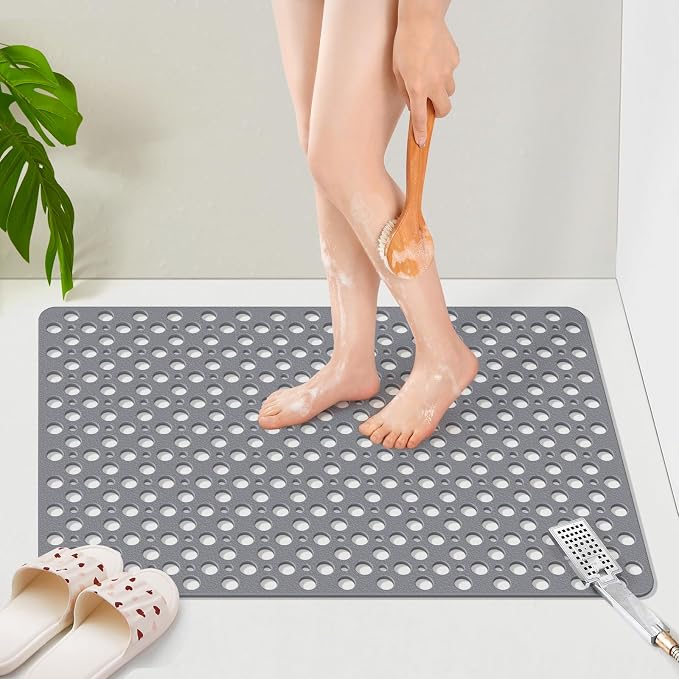 OTHWAY Large Shower Mat, 35"x 24" TPE Shower Mat Non Slip, Heavy Shower Floor Mat with Drain Holes and Suction Cups, No Odor Shower Mats for Inside Shower for Elderly Bathroom(D-Grey)