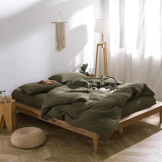 mixinni Olive Green Waffle Weave Duvet Cover Set Queen, 3-Piece 100% Natural Washed Cotton Triple-Layer Gauze Solid Bedding Set, Soft Breathable Minimalist Comforter Cover with Zipper & Ties-Queen