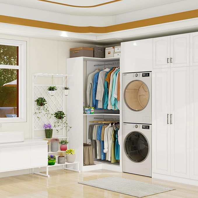 Vomavex Corner Closet System with 3 Hanging Rods, 30.8”-70.2” L Shaped Freestanding Closet Organizer for Walkin Closet, Corner Wardrobe, White