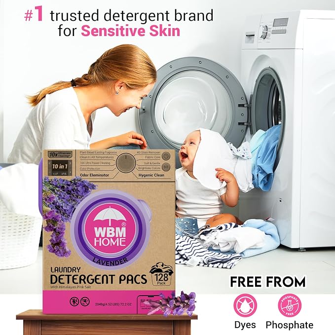 WBM 10-in-1 Laundry Detergent Pods, Fabric Softener with Lavender Extracts, High-Efficiency Laundry Pods with Powerful Stain Lifter Technology - 128 Count Bag