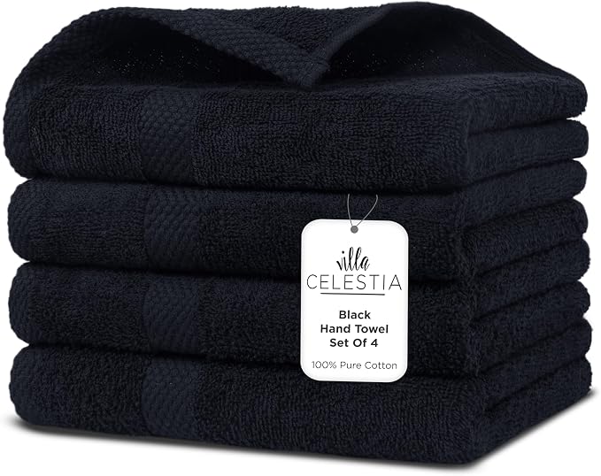 Villa Celestia Cotton Hand Towels Set of 4, 16 x 28, Oeko-TEX Certified, Quick Dry, Black