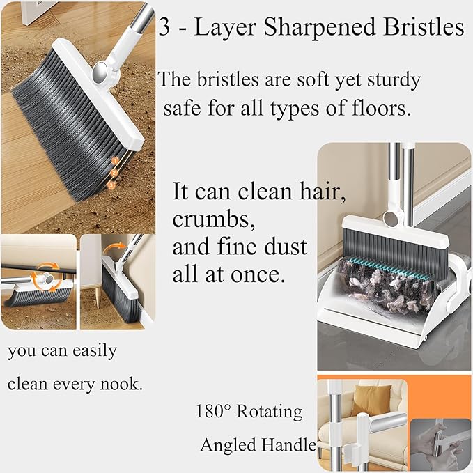 Self-Dropping Broom & Dustpan Set with Free Hand Brush – 3-Layer Sharpened Bristles, 180° Rotating Head, 90° Foldable, Stainless Steel Handle