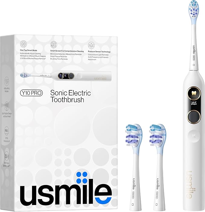 usmile Y10 PRO Rechargeable Electric Toothbrush with Smart Display, Missed Spot Detection, Pressure Sensor, 180-Day Battery Life, IPX8 Waterproof, Travel-Friendly with 2 Brush Heads