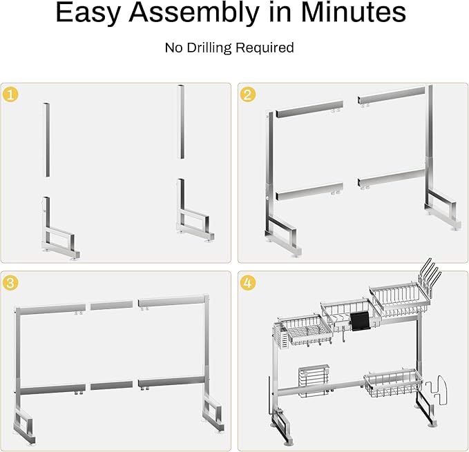 ADBIU Luxurious 304 Stainless Steel Over Sink Dish Drying Rack (Suitable for Sink Length 24.6"- 36.2") Snap-On Design 2 Tier Large Kitchen Dish Rack Stainless Steel Counter Organization and Storage