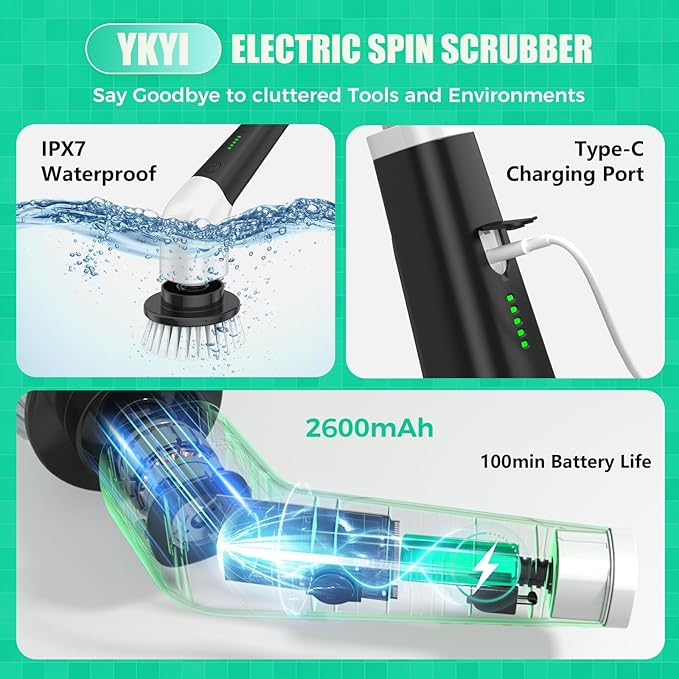 YKYI Electric Spin Scrubber, Cordless Power Scrubber Cleaning Tool with 8 Replaceable Heads and Extension Handle for Bathroom, Tub, Tile, Floor, Grout and Car (Gray)