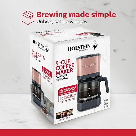 Holstein Housewares 5 Cup Coffee Maker – Compact Drip Coffee Machine with Auto Pause & Serve, Reusable Filter, Glass Carafe, Water Window & Warming Plate. Dark Grey & Rose Gold