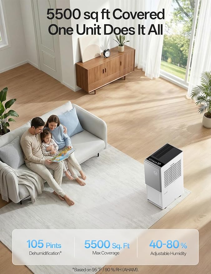 5500 Sq.Ft Energy Star 2025 Dehumidifier, Arecovas Max 105 Pint/Day Smart Compressor Dehumidifier with Drain Hose, Intelligent Humidity Control for Home Bathroom Garage Bedroom