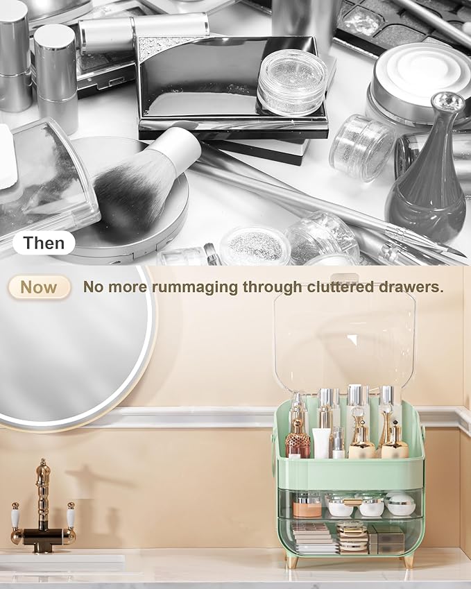 Makeup Organizer Countertop, Skincare Holder Bathroom Counter Organizer, Storage Box Cosmetic Display Cases, Teen Girl Gifts Make up Organizers (Green/Brush)