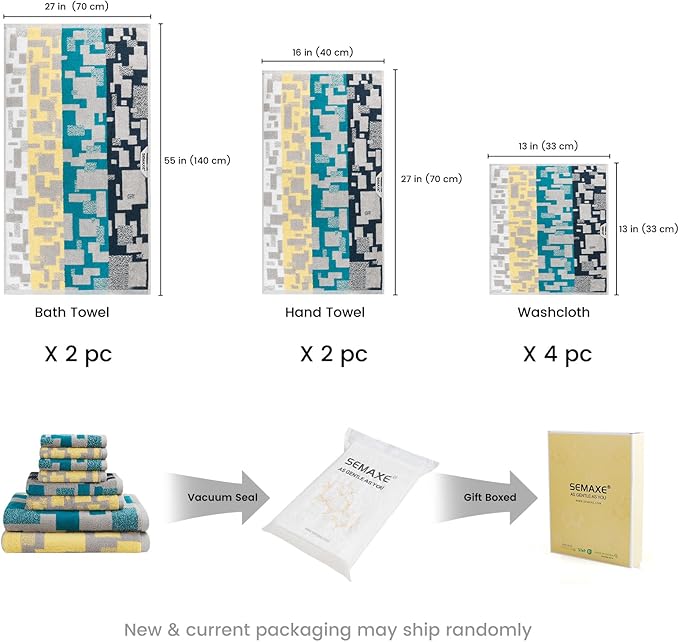 SEMAXE Bath Towel Set, 8 Piece Towel Set for Bathroom, Quick Dry Cotton Towels with Hanging Loops, Easy Care, Geometric Pattern