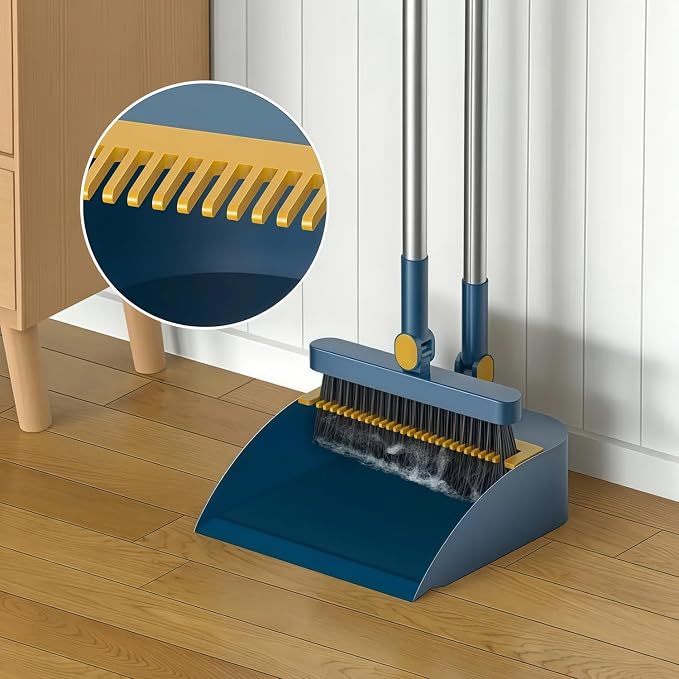 Broom and Dustpan Set, Long Handle Standing Broom with Self-Cleaning Comb Teeth, Heavy Duty Broom Dustpan Combo for Home Kitchen Office Floor Pet Hair Cleaning (Blue)