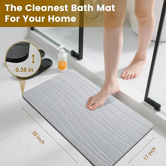 Extra Large Stone Bath Mat, 30'' x 17'' Diatomaceous Earth Non-Slip Stone Shower Mat, Super Absorbent Diatomite Stone Mats for Bathroom Light Gray XL Flow