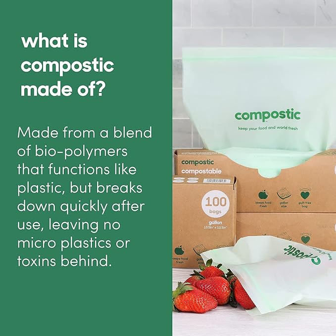 Compostic Compostable XL Sandwich Bags (180 + 20 Count) Bulk Pack — Resealable Zip-Seal, Plant-Based, Home Compostable, Freezer & Microwave Safe, BPA-Free, Non-Toxic, GMO-Free Food Storage Bag