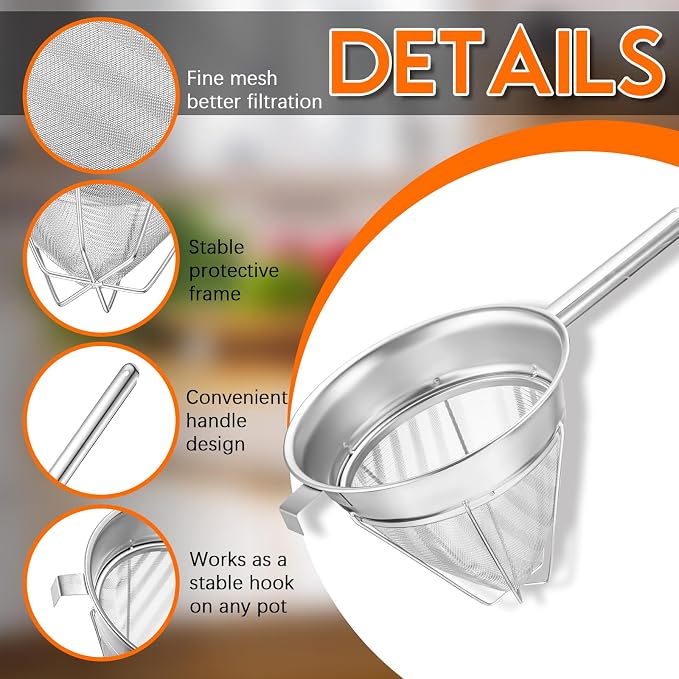 SiliFine 10 Inch Stainless Steel Reinforced Bouillon Sieve Strainer Cone Fine Mesh Strainer with Handle and Rubber Pestle for Kitchen Food Cooking