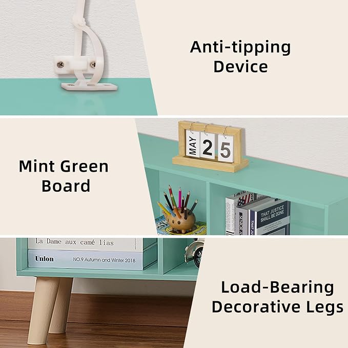 LEYAOYAO 8 Cube Bookshelf, Mid-Century Modern Book Shelf with Legs, Green | 3 Tier Bookcase, Rustic Wood Bookshelves Freestanding Large Storage Organizer, Open Shelves for Bedroom, Living Room, Office